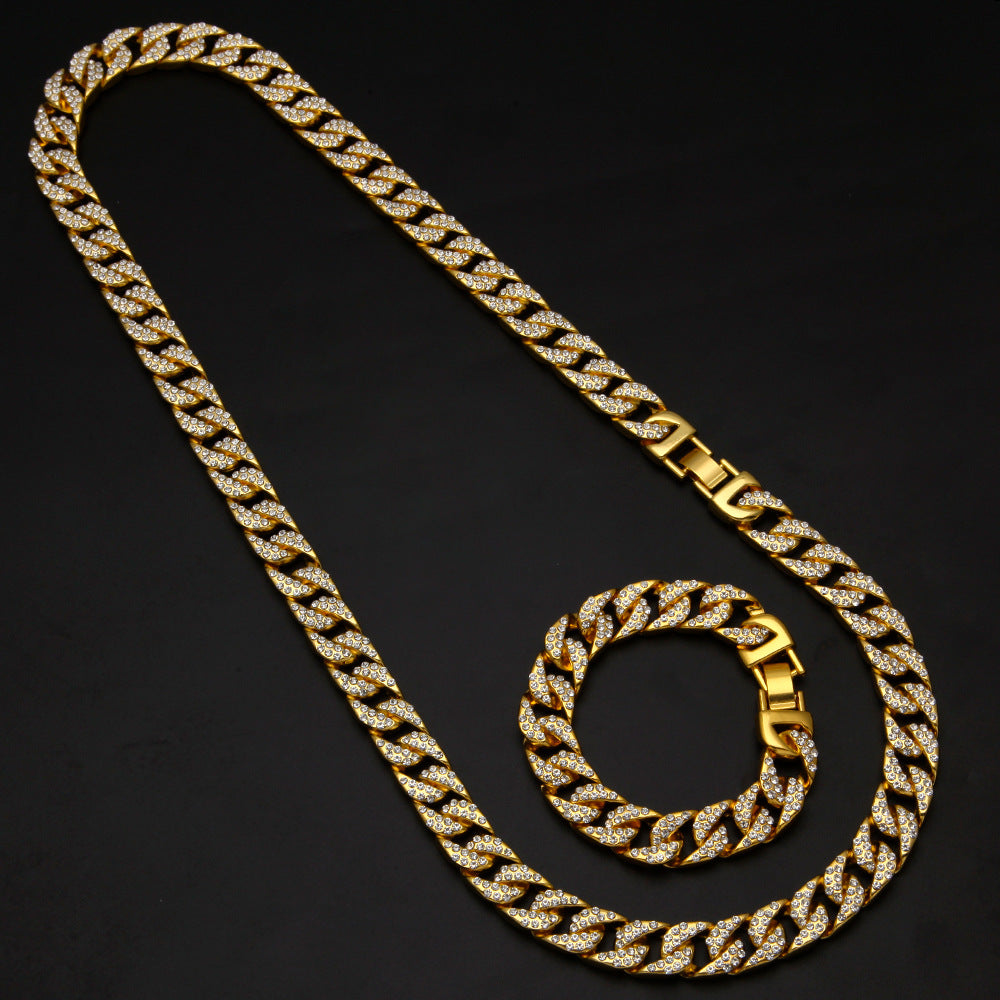 Unisex Gold Plated Iced Out Cuban Link Necklace Bracelet Set - Statement Chain Jewelry with Crystal Detail