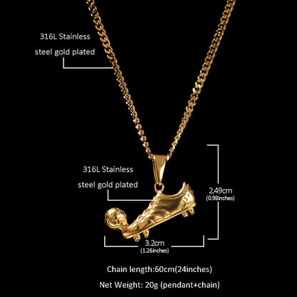 Gold or Silver Plated Stainless Steel Soccer Boot Pendant Necklace with 24 Inch Cuban or Twist Chain
