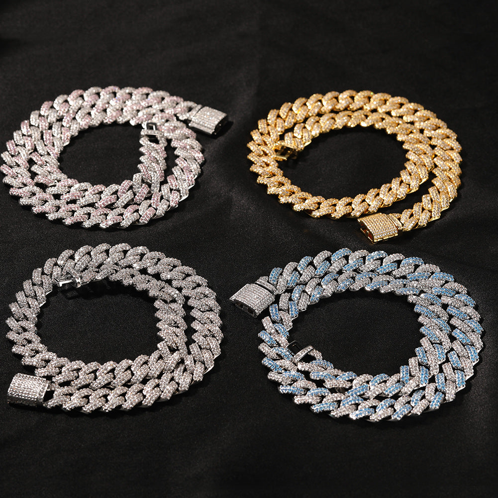 Iced Out Cuban Link Chain Necklace Bracelet with Cubic Zirconia, Unisex Statement Hip Hop Jewelry in Silver, Gold, Pink & Blue