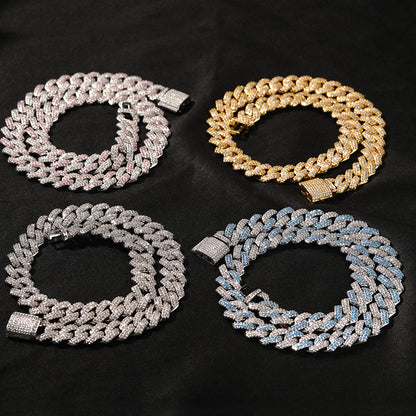 Iced Out Cuban Link Chain Necklace Bracelet with Cubic Zirconia, Unisex Statement Hip Hop Jewelry in Silver, Gold, Pink & Blue