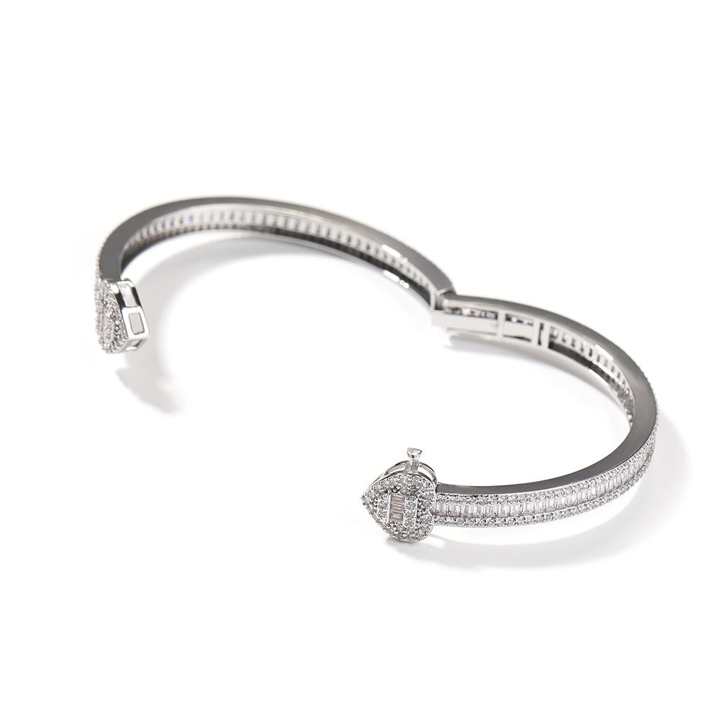 Heart Cubic Zirconia Cuff Bracelet for Women - Hip Hop Statement Bangle in Gold or Silver Tone