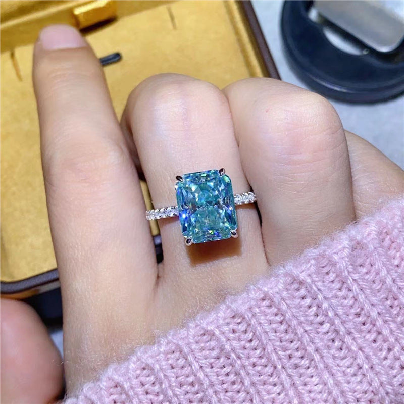 Mint Green Moissanite Ring for Women, Elongated Rectangular Stone Engagement Ring, Pave Band Promise Ring, 1 Carat 2 Carat 3 Carat 5 Carat product image