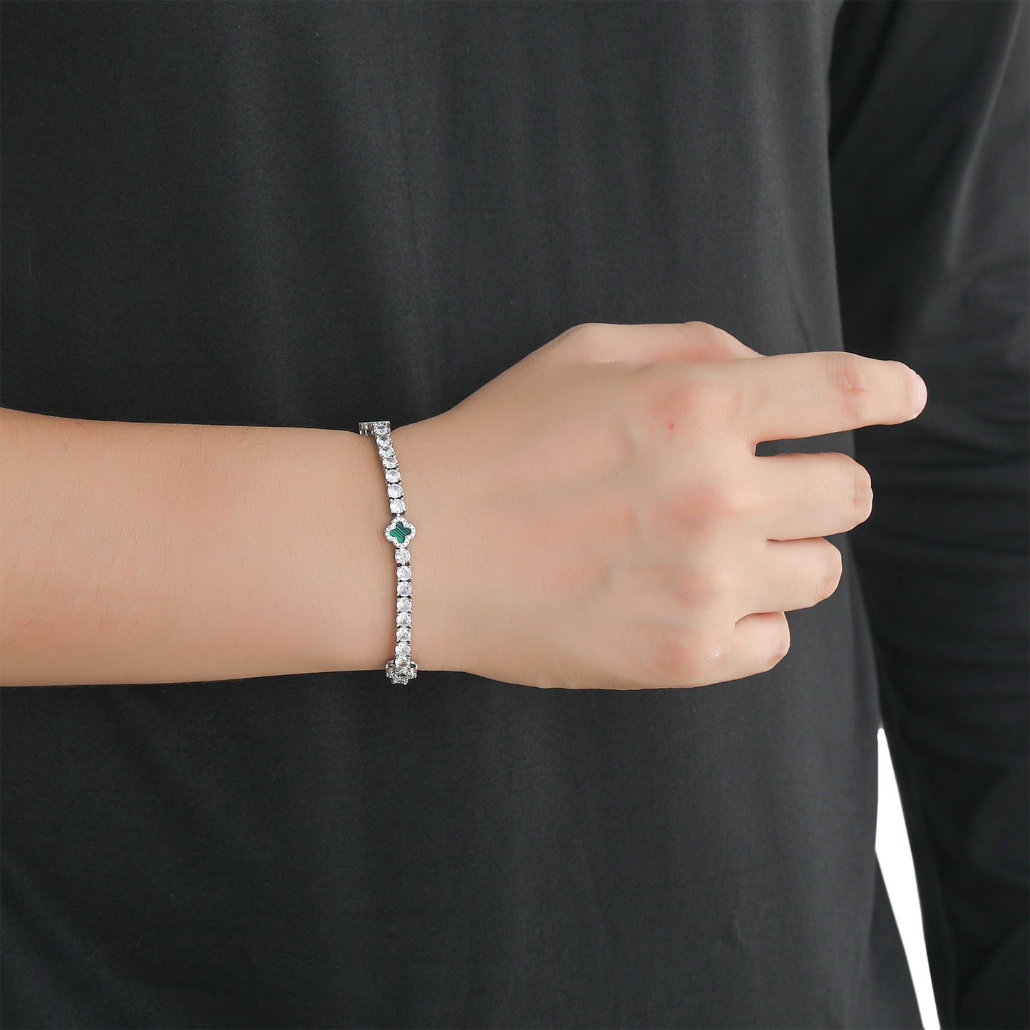 Hip Hop Vintage Four Leaf Clover Tennis Chain Copper Bracelet for Men