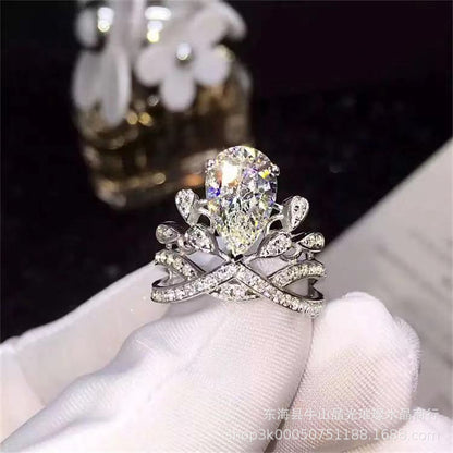 Pear Cut Moissanite Crown Ring for Women, Halo Engagement Ring, 1 Carat or 2 Carat