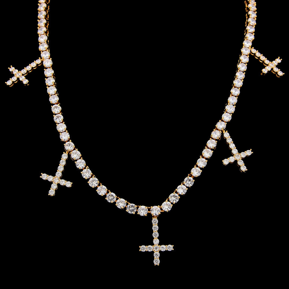 Iced Out Cross Pendant Necklace for Women & Men, Cubic Zirconia Tennis Chain in Gold Plated or Silver Plated