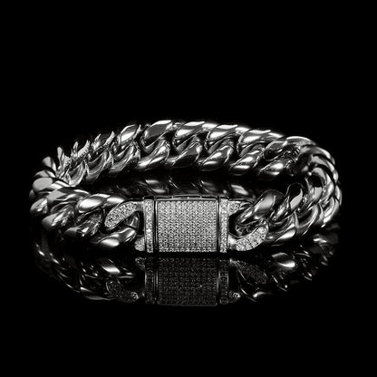 12 mm Polished Cuban with CZ Clasp Stainless steel Bracelet - CHA014
