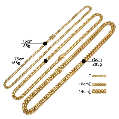 Unisex Stainless Steel Cuban Chain Necklace & Bracelet Set – Gold or Silver Plated Statement Jewelry, 8mm/10mm/12mm/14mm