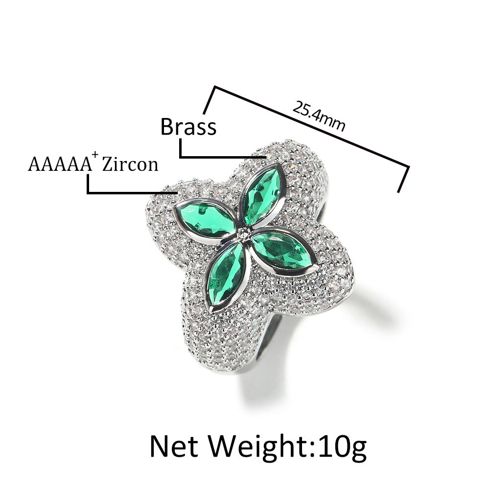 Silver-Tone Clover Flower Ring with Green Crystal Accents and Paved Cubic Zirconia