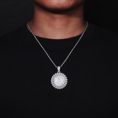 Men’s Arabic Calligraphy Pendant Necklace with Iced Zircon Circle Frame Rope Chain