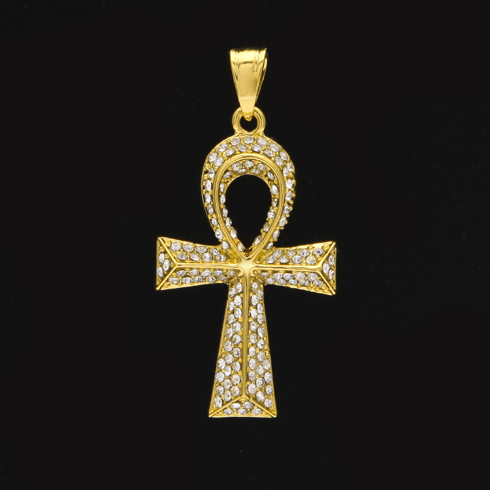 Gold Plated Iced Ankh Cross Pendant Necklace for Women & Men - Hip Hop Statement Chain with Cubic Zirconia