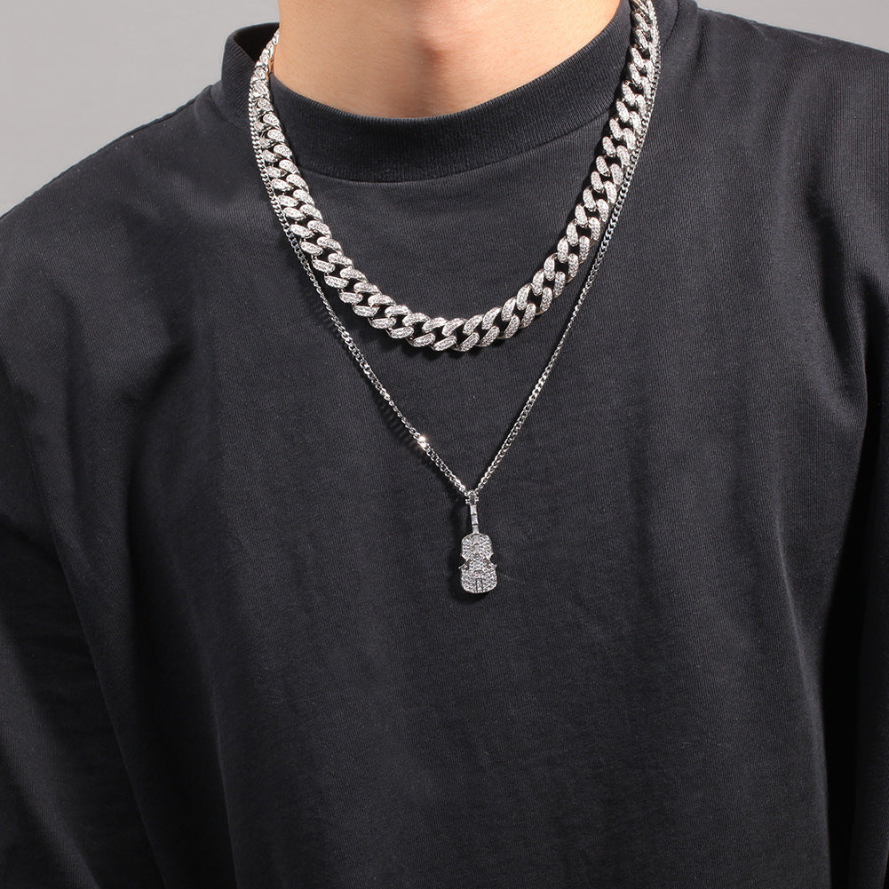 Iced Violin Pendant Necklace with Cuban Chain for Women & Men, Gold Plated or Silver Plated Cubic Zirconia Statement Chain