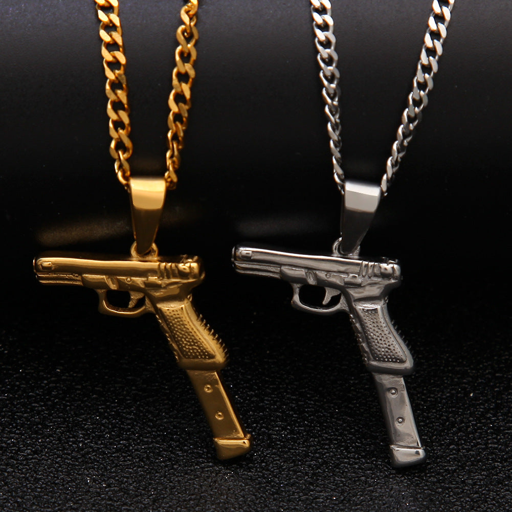 Stainless Steel Pistol Pendant Necklace for Women & Men - Gold Plated or Silver Plated 24 Inch Cuban Chain Statement Jewelry