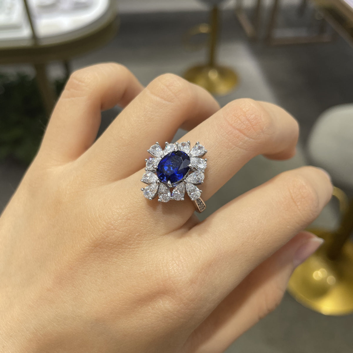 Oval Blue Sapphire Halo Ring for Women, Sterling Silver Look Statement Ring, Promise Ring, Gift Ring product image