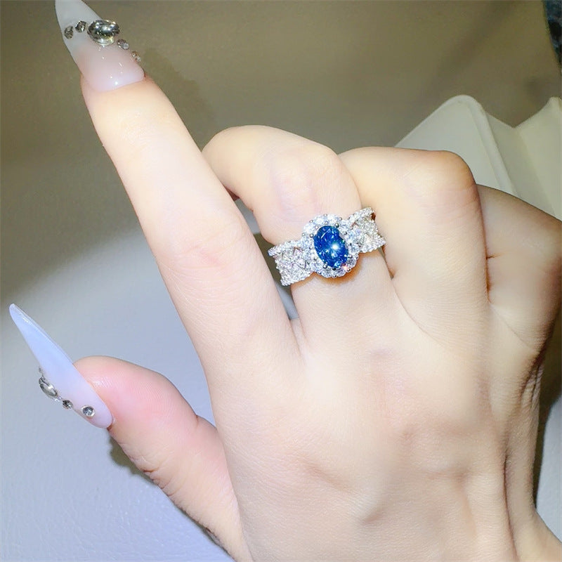 Blue Moissanite Halo Ring for Women, 1 Carat Oval Statement Engagement Ring, Geometric Pave Band product image