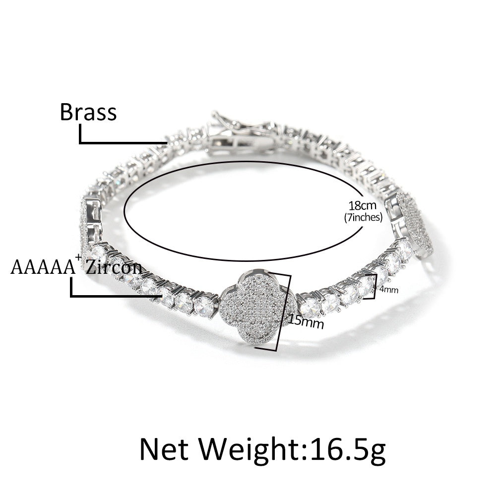 Cubic Zirconia Four Leaf Clover Chain Bracelet & Necklace Set for Women and Men
