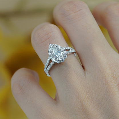 Pear-Shaped Moissanite Halo Ring, Split Shank Engagement Ring for Women