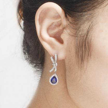 Royal Blue Teardrop Drop Earrings in 925 Silver, Bow Design for Women