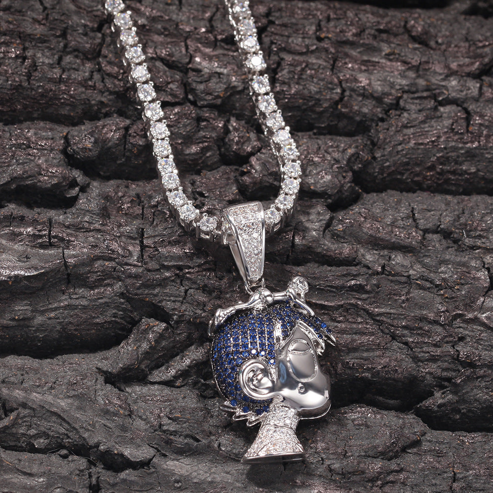 Iced Cartoon Head Pendant Necklace with Cuban or Rope Chain for Women & Men, Gold or Silver Tone Cubic Zirconia Statement Chain