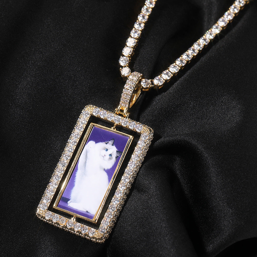 Unisex Square Rotating Photo Pendant Necklace with Cubic Zirconia Twisted Chain product image