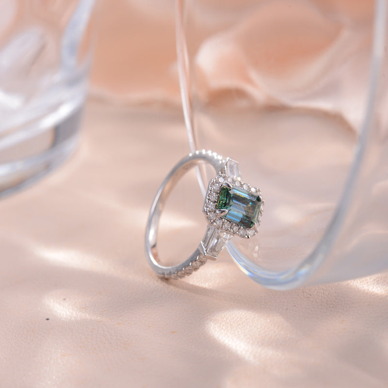 Emerald-Cut Green Moissanite Halo Ring for Women, 18K Gold-Plated Ring product image