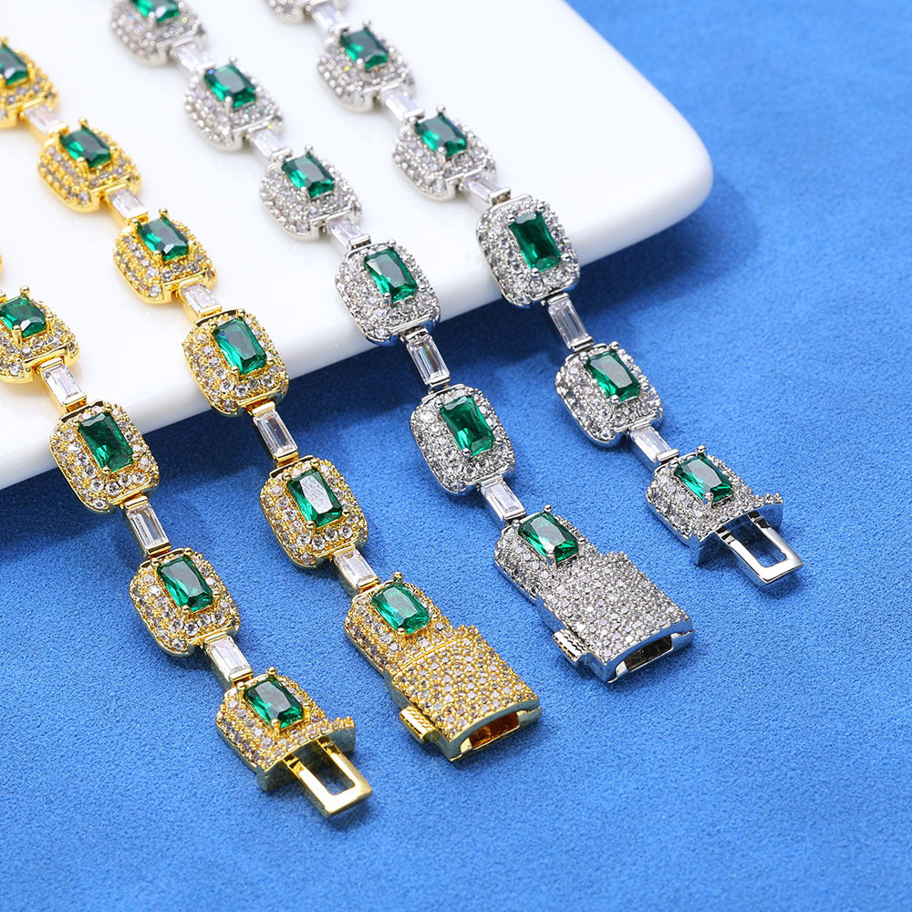 Green Rectangular Halo CZ Link Hip Hop Bracelet with Copper Base - CHA310 product image