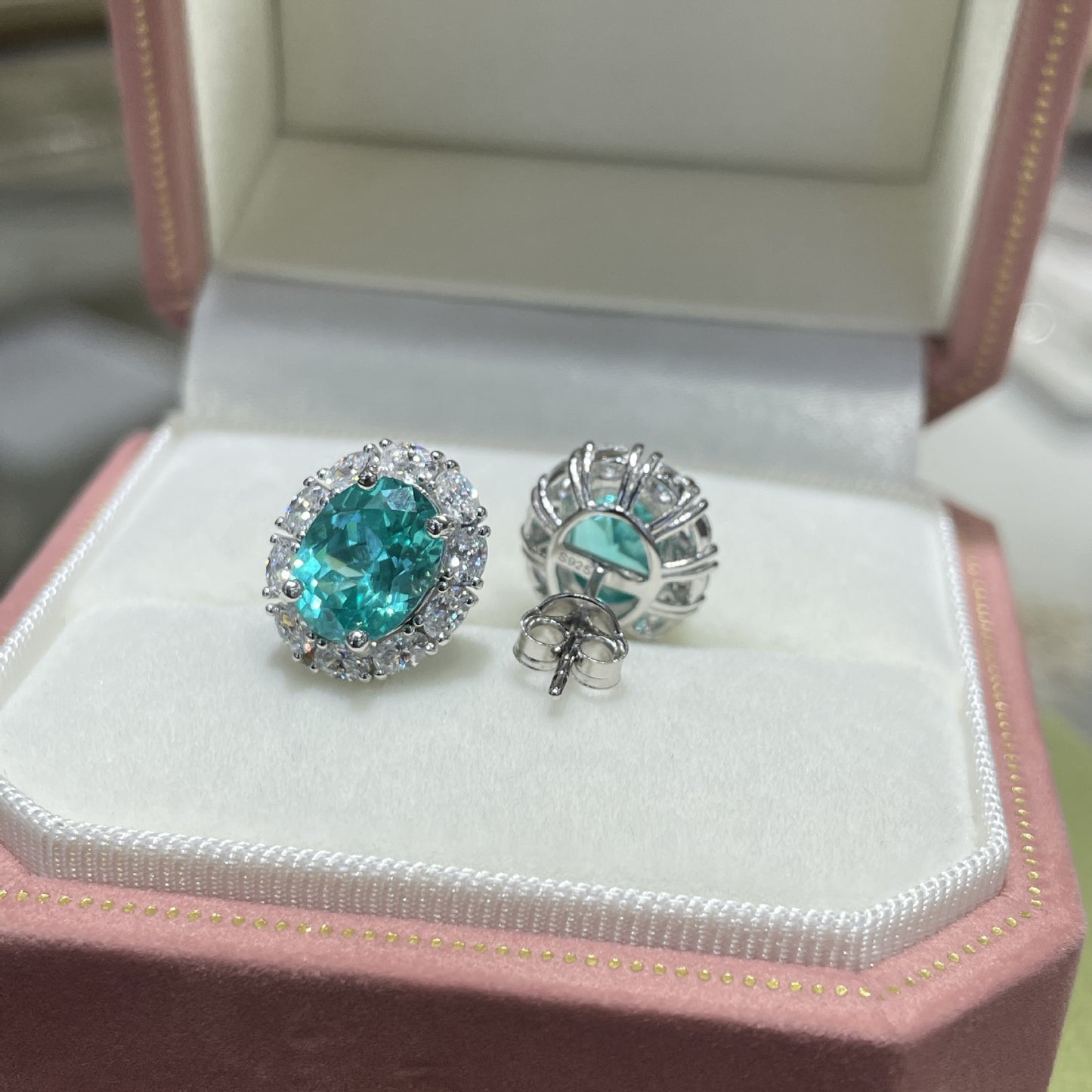 Oval Blue-Green Gemstone Halo Stud Earrings, Vintage-Inspired Sparkling Ear Studs product image