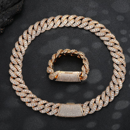 Iced Out Cuban Link Chain Necklace and Bracelet Set, Copper Zirconia Hip Hop Jewelry