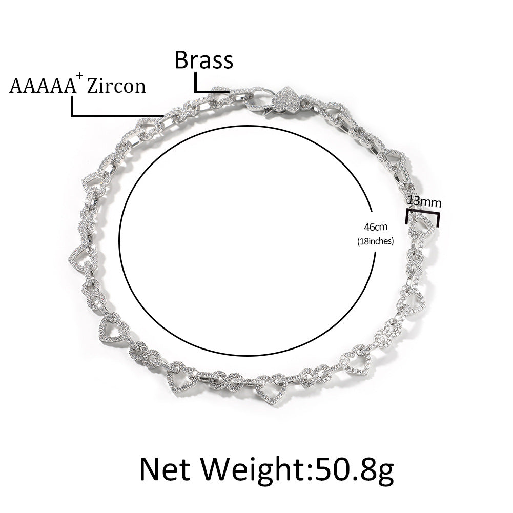 Heart Link Cubic Zirconia Chain Necklace Bracelet for Women & Men, Gold or Silver Color Statement Jewelry