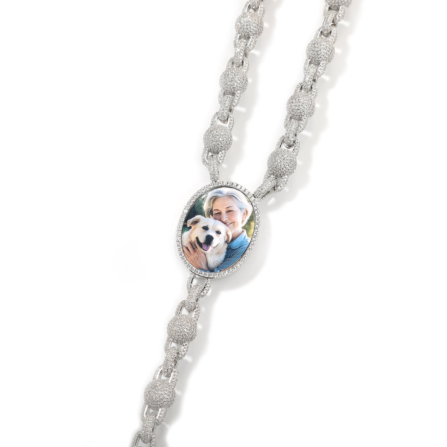Unisex Iced Circular Photo Pendant Necklace with Cross Drop - Gold or Silver Color Cubic Zirconia Hip Hop Chain