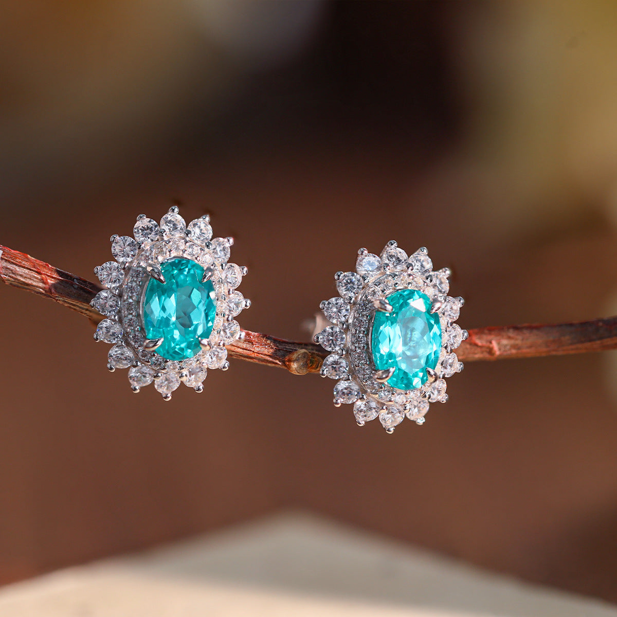 S925 Silver Teal Halo Jewelry Set for Women, Necklace Earrings Ring product image