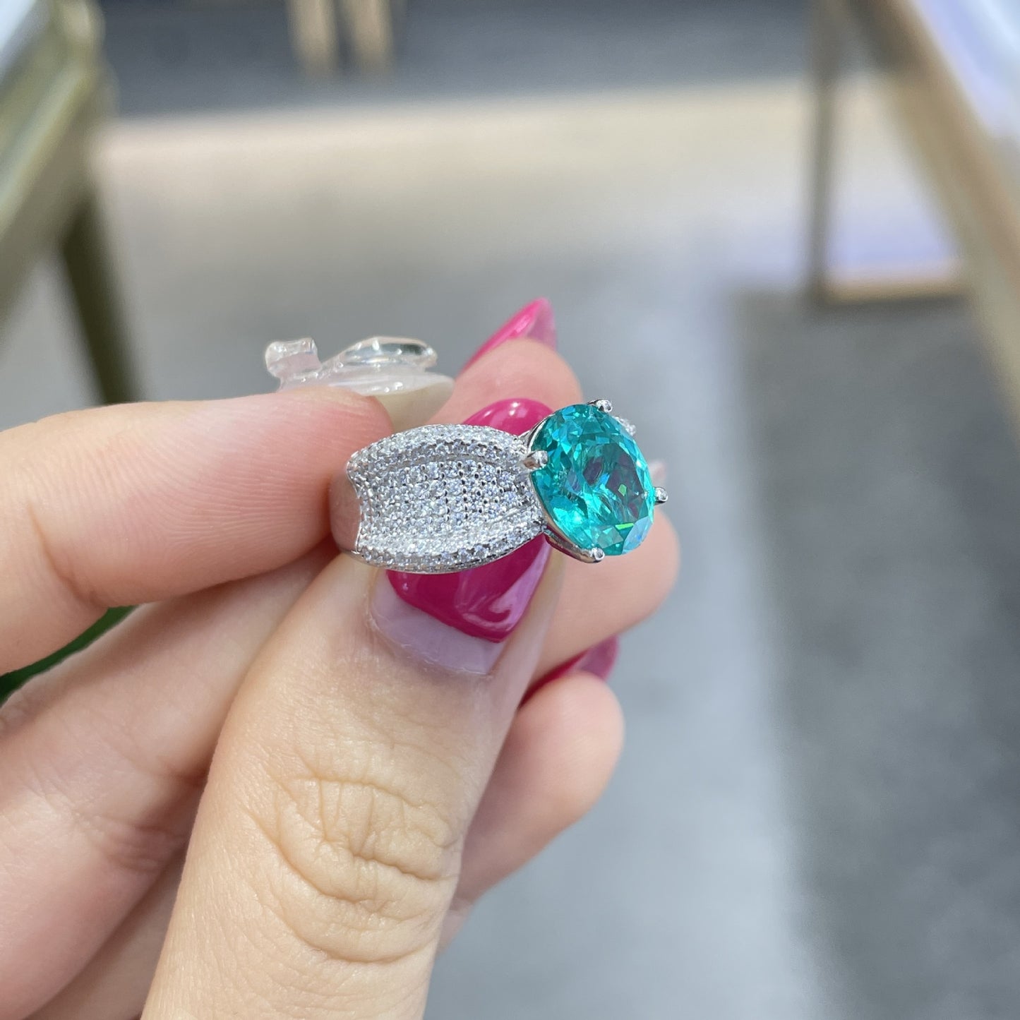 3 Carat Oval Blue-Green Ring with Wide Sparkling Band product image