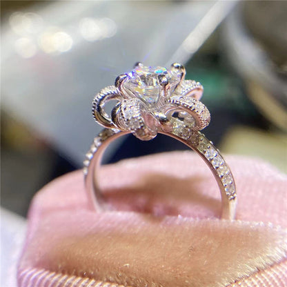 Floral Moissanite Ring for Women, Halo Engagement Ring Style, Lotus Flower Statement Ring