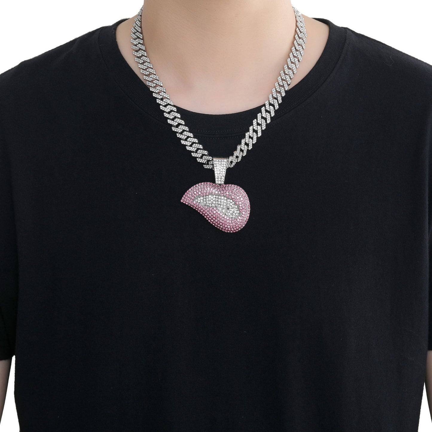 Hip Hop Cuban Link Lip Alloy Pendant Necklace for Men and Women