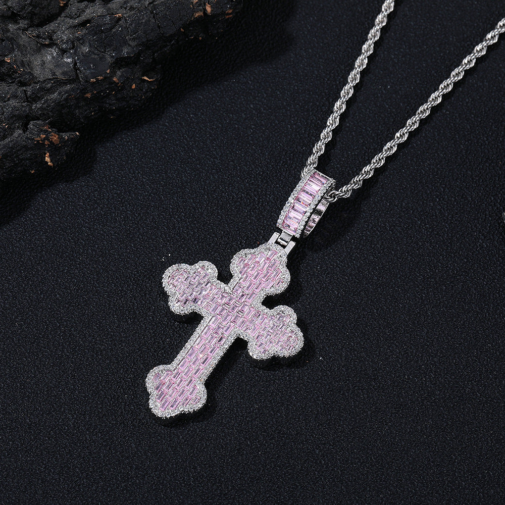 Pink Zircon Cross Pendant Necklace, 3MM Twisted Rope Chain, 24 Inch, Geometric