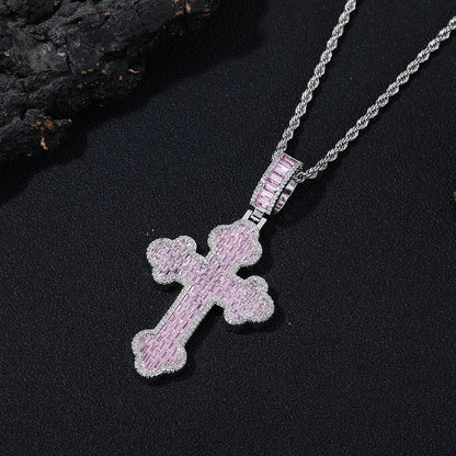 Pink Cubic Zirconia Cross Pendant Necklace, 3MM Twisted Rope Chain, 24 Inch, Geometric