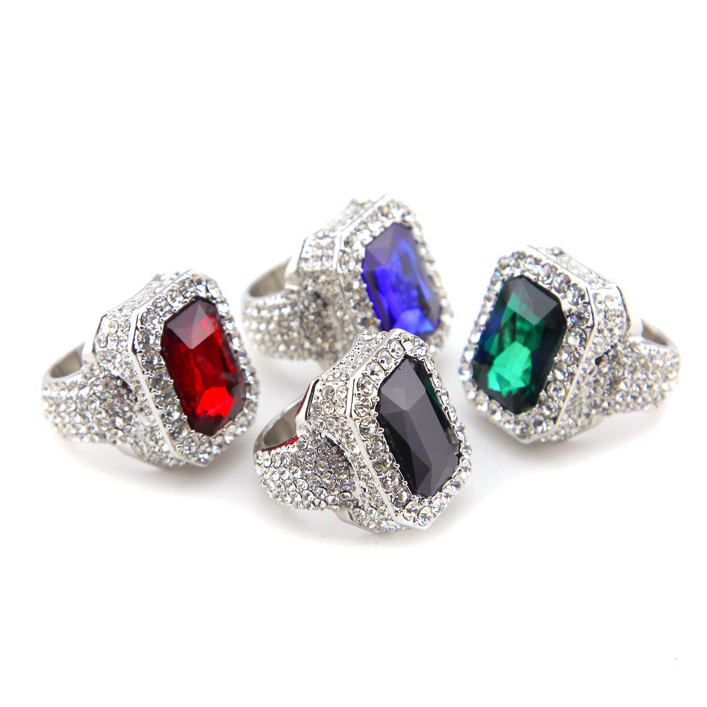 Unisex Hip Hop Square Gem Statement Ring with Crystal Pave - Gold or Silver Plated Ruby, Sapphire, Emerald, Black Stone Ring