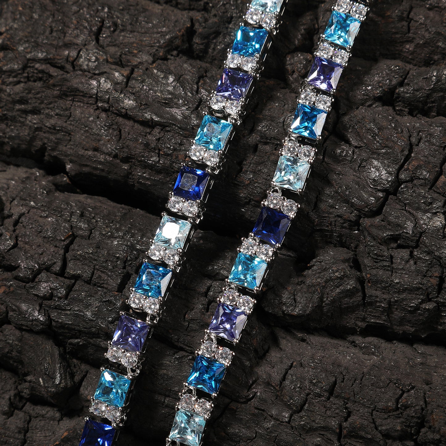 Unisex Hip Hop Square Cubic Zirconia Tennis Necklace Chain Pendant Style in Blue & Clear, 18 Inch / 20 Inch