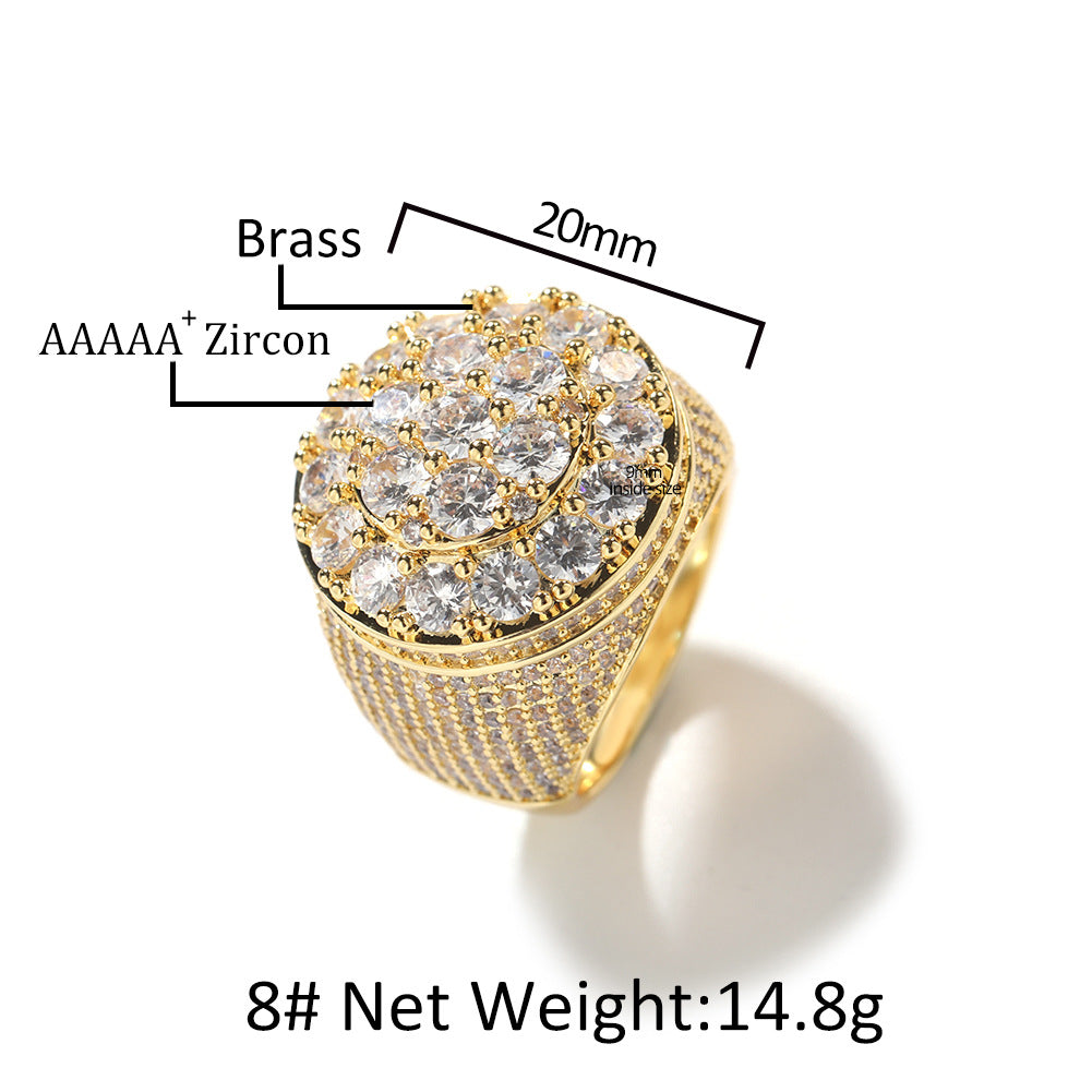 Men’s Gold Plated Flower Cluster Cubic Zirconia Statement Ring – Round Hip Hop Style