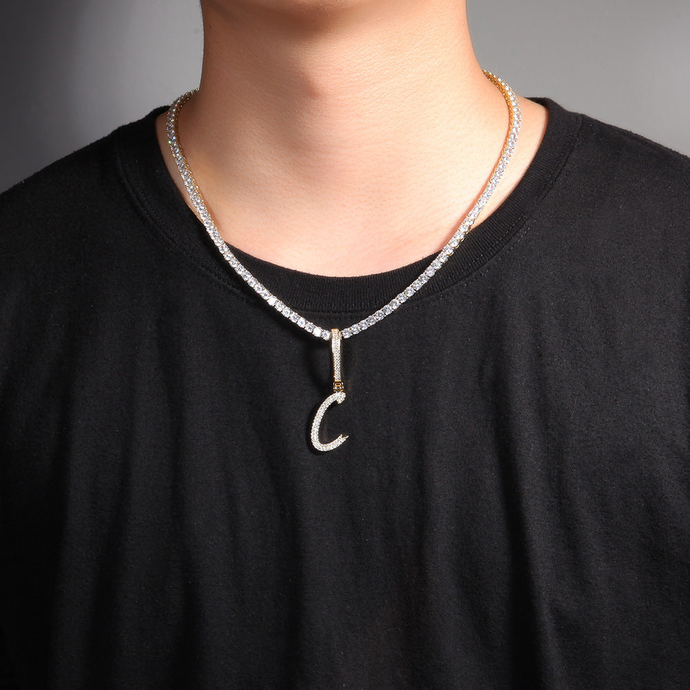 Iced Initial Letter Pendant Necklace for Women & Men - Cubic Zirconia Script Alphabet Charm on 24 Inch Twisted Chain, Gold or Silver Tone