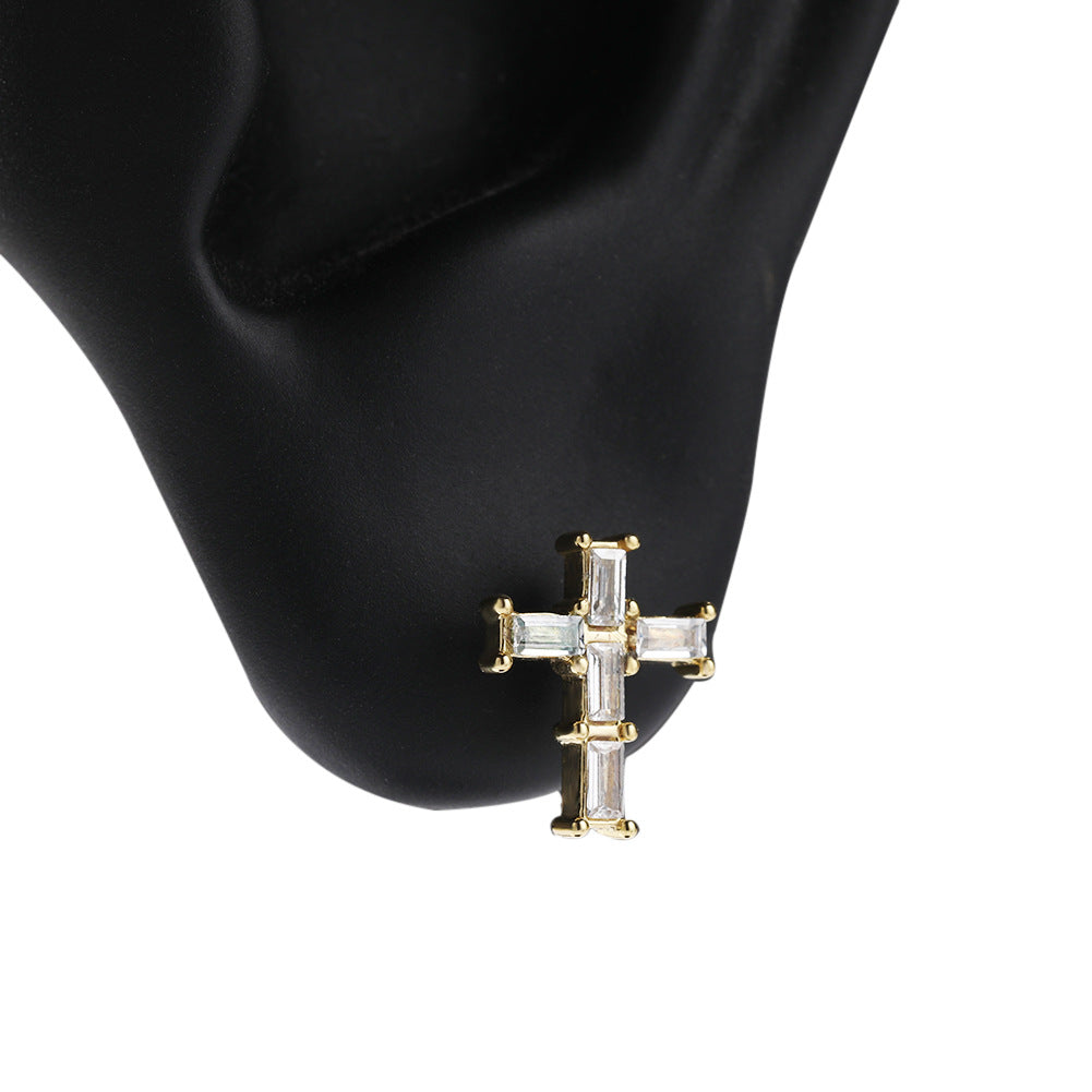 Unisex Cross Stud Earrings with Cubic Zirconia in Gold or Silver Tone product image