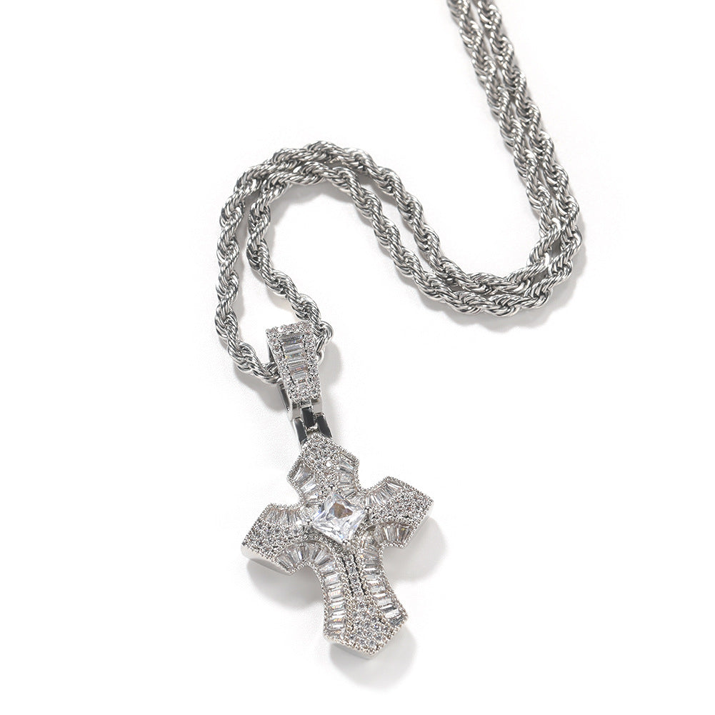 Iced Cross Pendant Necklace for Women with Cubic Zirconia, Twisted Chain 24 Inch, Gold Plated Copper Statement Jewelry