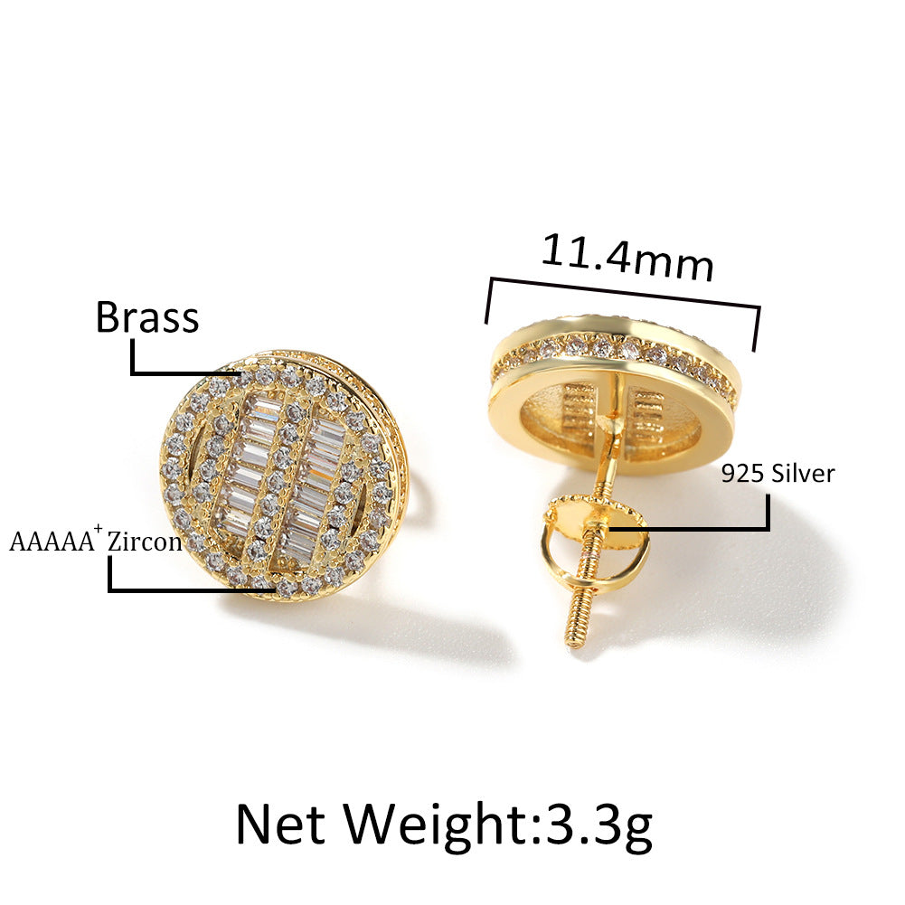 Unisex Round Cubic Zirconia Stud Earrings in Gold or Silver Tone Hip Hop Statement Jewelry