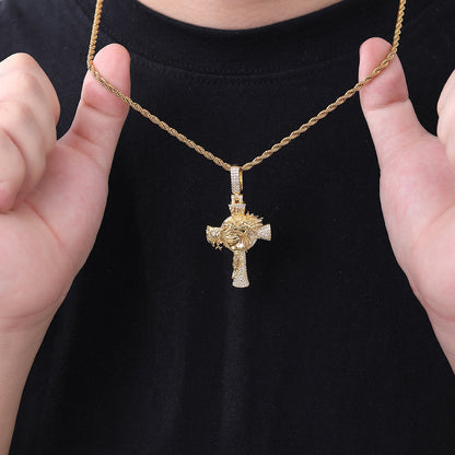 Crown of Thorns Cross Pendant Rope Chain Necklace for Men, Iced-Out Hip Hop Copper Jewelry