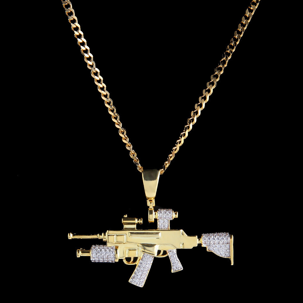 Gold Plated Hip Hop Rifle Pendant Necklace with Cubic Zirconia Iced Charm on 24 Inch Stainless Steel Twist or Cuban Chain