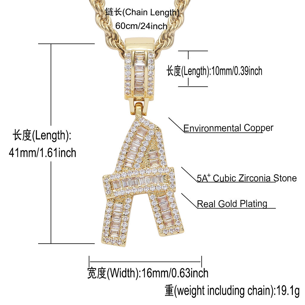Hip Hop Light Luxury Letter Square Cubic Zirconia Pendant Necklace for Men and Women