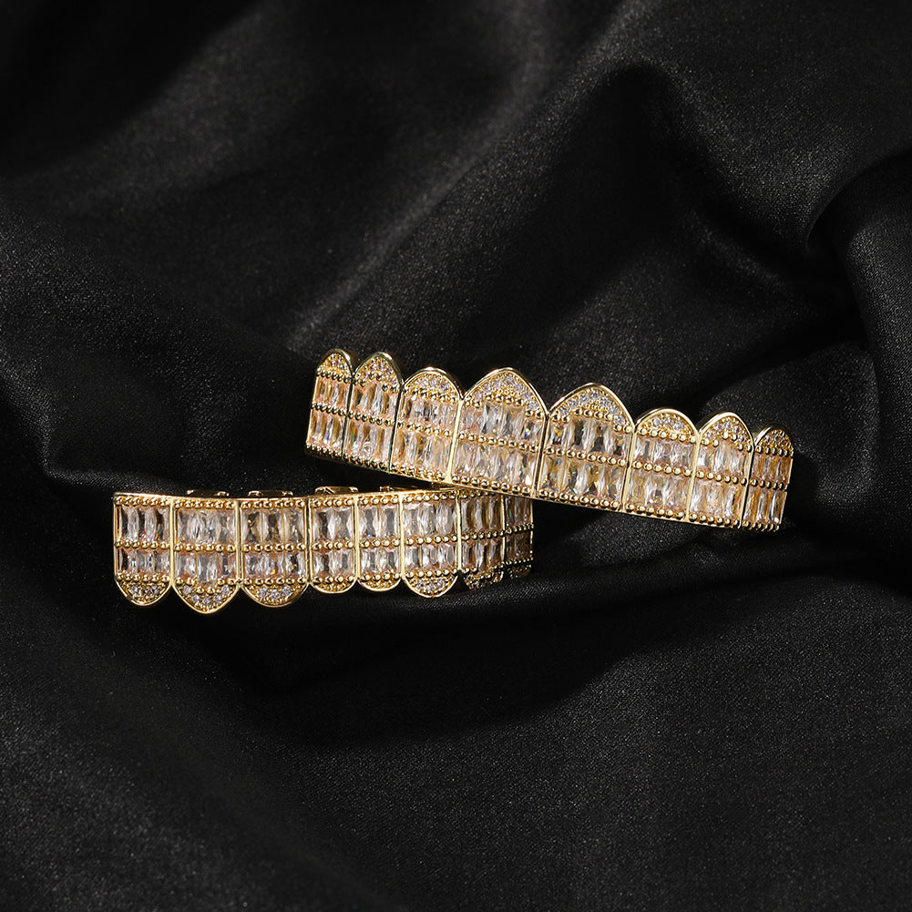 Hip Hop Cubic Zirconia Grillz Teeth Cap for Upper or Lower Teeth in Gold or Silver Tone