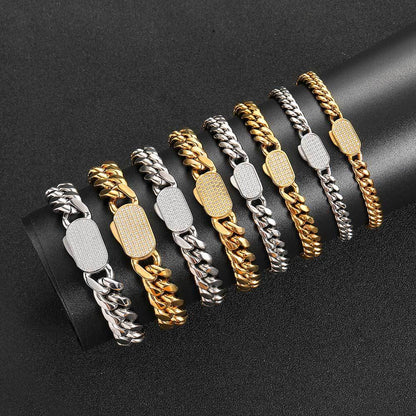 6-12 mm Polished Cuban with Stone-Accent Clasp Hip Hop Bracelet with Stainless steel Base - CHA151