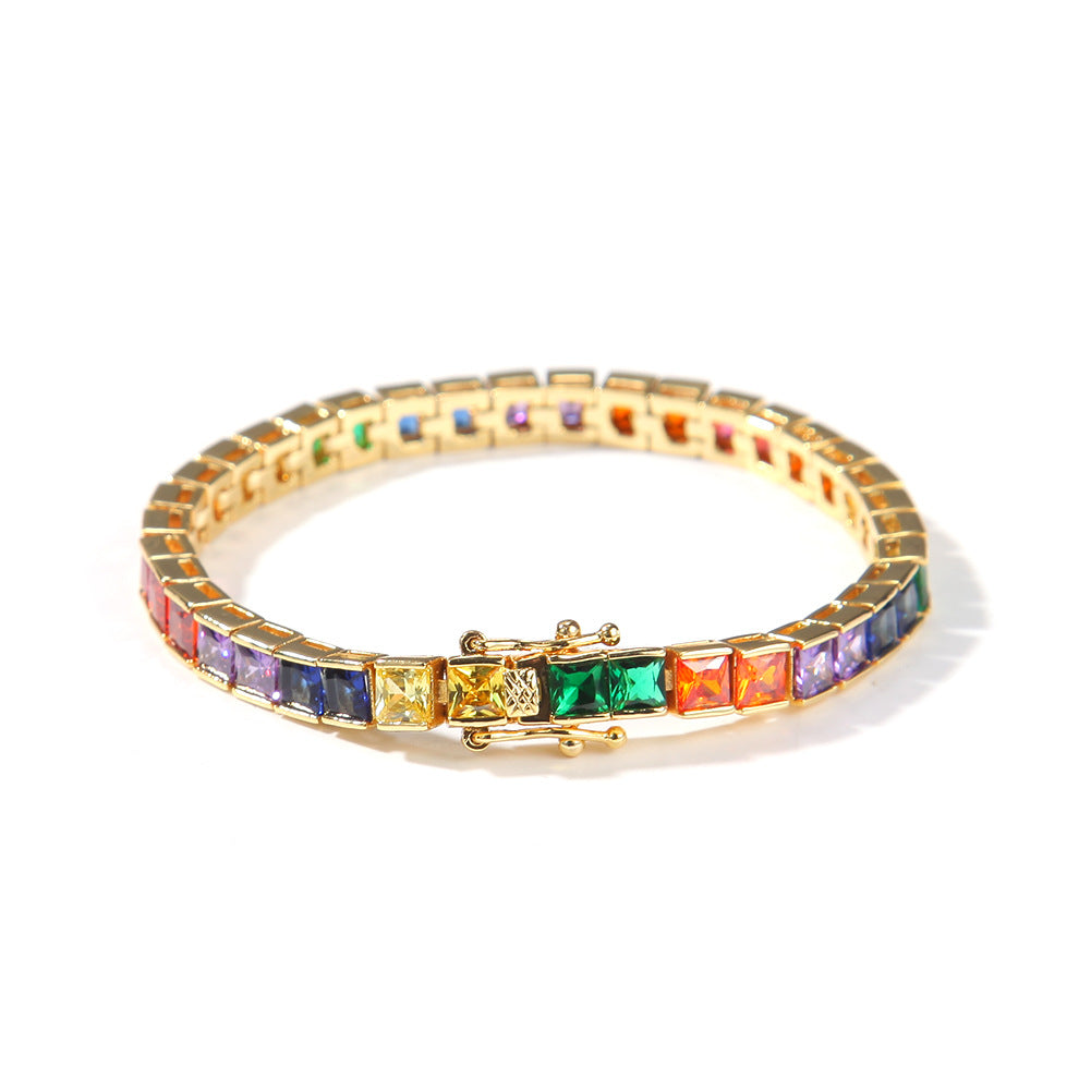 Gold Plated Rainbow Cubic Zirconia Tennis Bracelet for Women - Trendy Geometric Statement Chain Bracelet