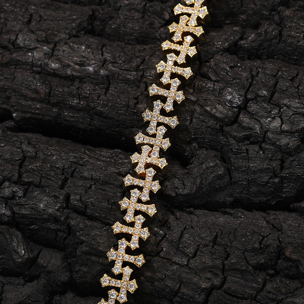 Iced Cross Chain Bracelet for Women & Men – Gold or Silver Brass Bracelet with Cubic Zirconia, Hip-Hop Statement Jewelry