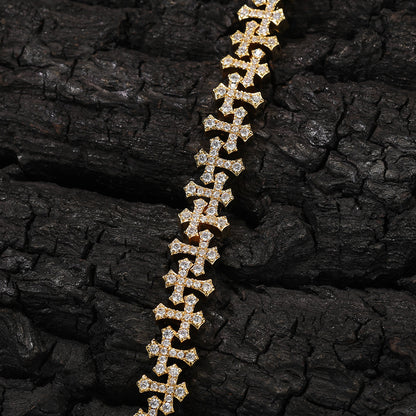 Iced Cross Chain Bracelet for Women & Men – Gold or Silver Brass Bracelet with Cubic Zirconia, Hip-Hop Statement Jewelry